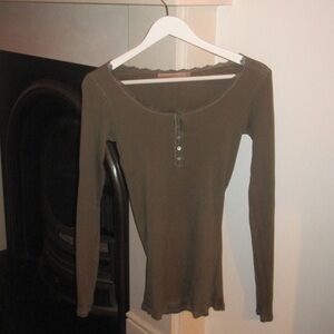 silk khaki lace trim long henley button down real silk top Henley Olive Green